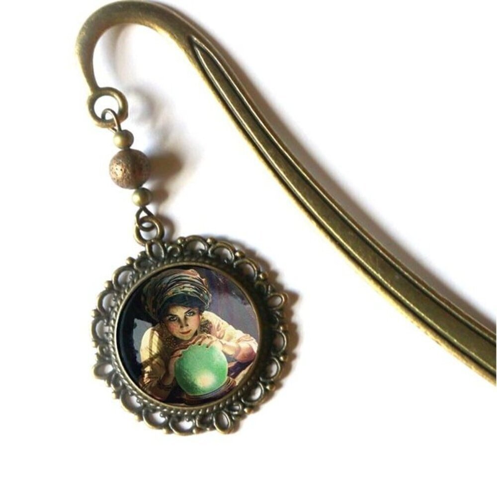 Fortune Teller Bookmark - Crystal Ball - RARE Antique Bronze Vintage Book Hook - Picture 2 of 7